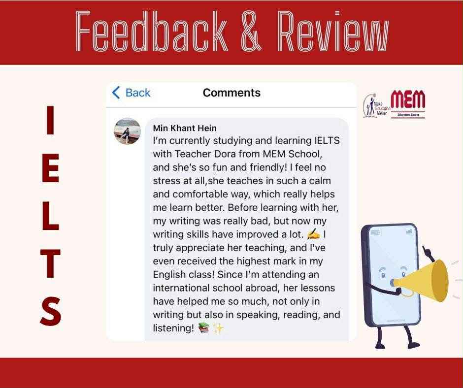 Screenshot of Min Khant Hein praising Teacher Dora for IELTS lessons
