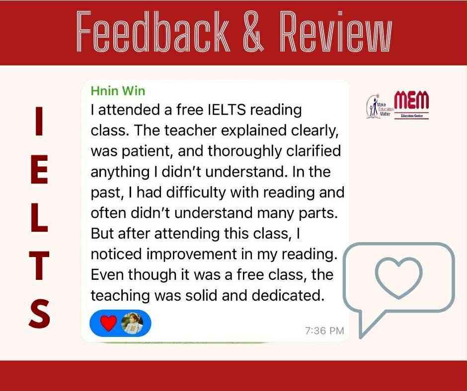 Review from Hnin Win describing improvements after free IELTS reading class